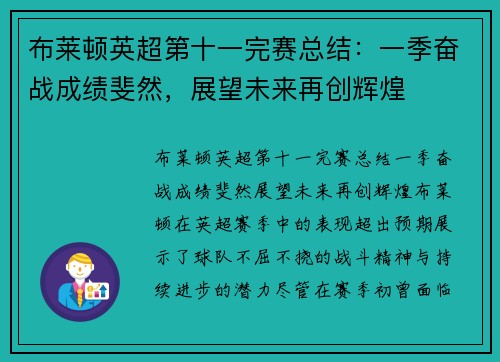 布莱顿英超第十一完赛总结：一季奋战成绩斐然，展望未来再创辉煌