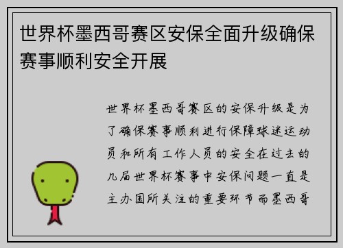 世界杯墨西哥赛区安保全面升级确保赛事顺利安全开展